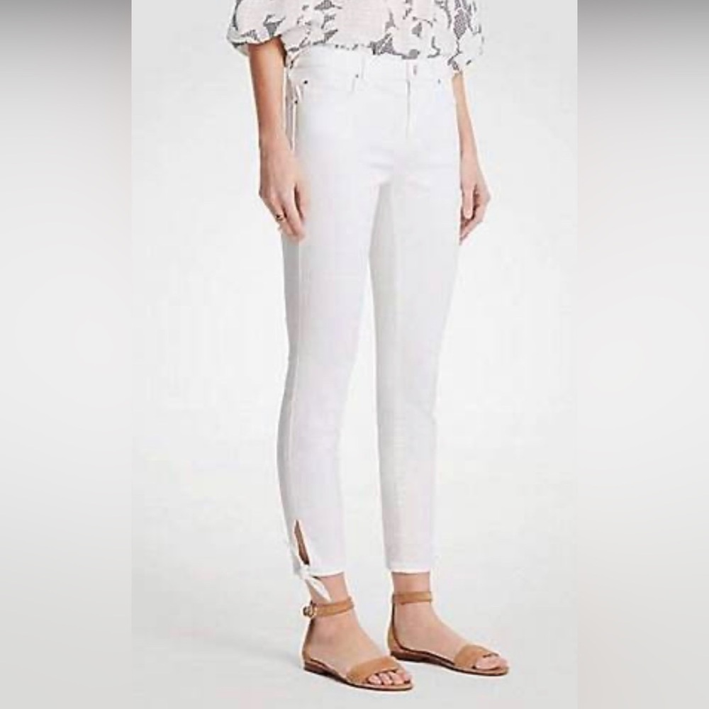 Ann Taylor White Denim Jeans Skinny Crop Tie Ankle Details Cotton Stretch 18